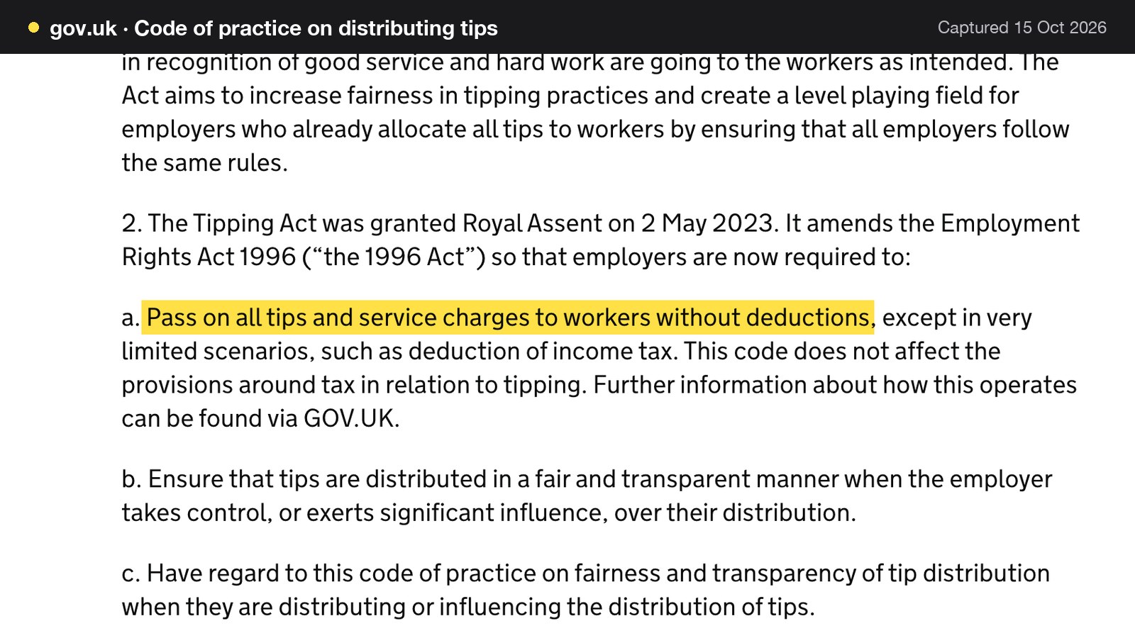 Screenshot of Code of practice on distributing tips on gov.uk, with the words "Pass on all tips and service charges to workers without deductions" highlighted.