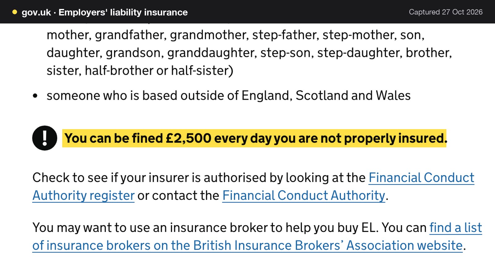 Screenshot of Employers' liability insurance on gov.uk, with the words "You can be fined £2,500 every day you are not properly insured" highlighted.
