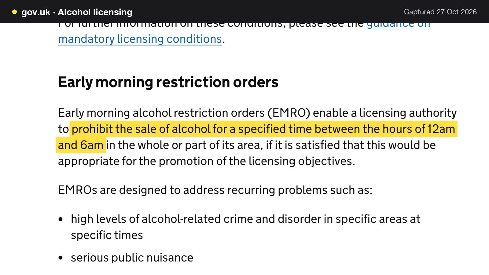 Screenshot of Alcohol licensing on gov.uk, with the words "prohibit the sale of alcohol for a specified time between the hours of 12am and 6am" highlighted.