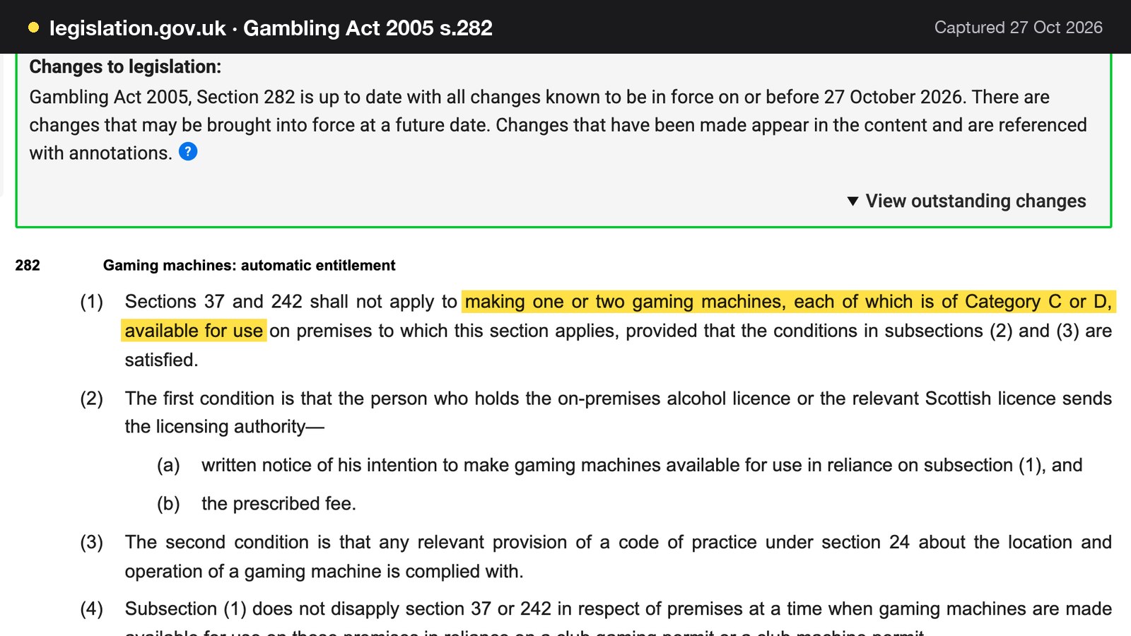 Screenshot of Gambling Act 2005 s.282 on legislation.gov.uk, with the words "making one or two gaming machines, each of which is of Category C or D, available for use" highlighted.
