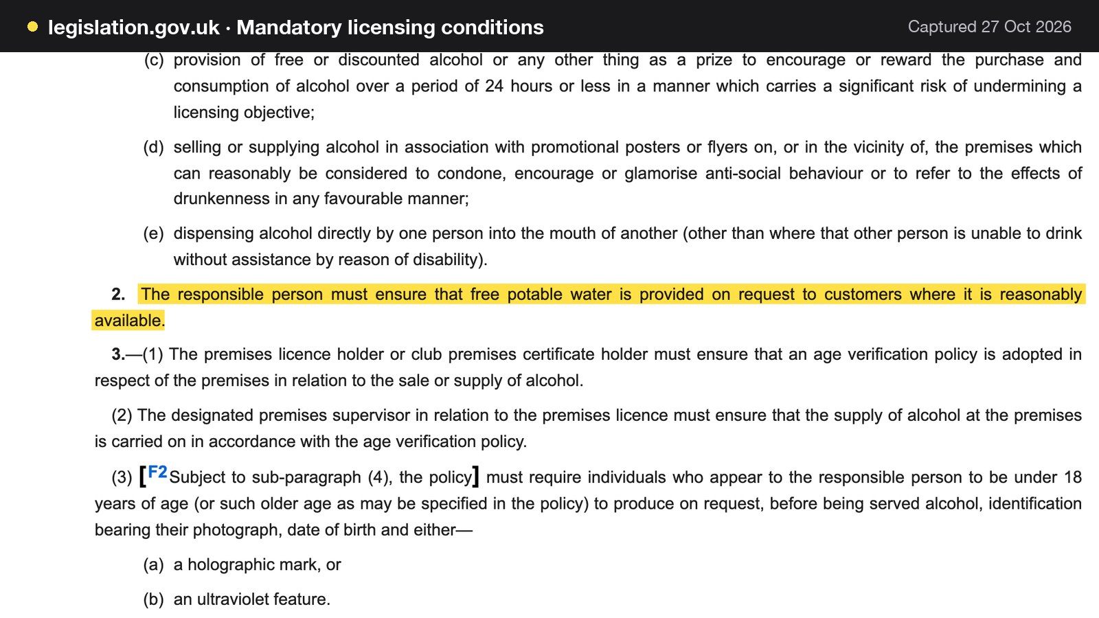 Screenshot of Mandatory licensing conditions on legislation.gov.uk, with the words "The responsible person must ensure that free potable water is provided on request to customers where it is reasonably available" highlighted.