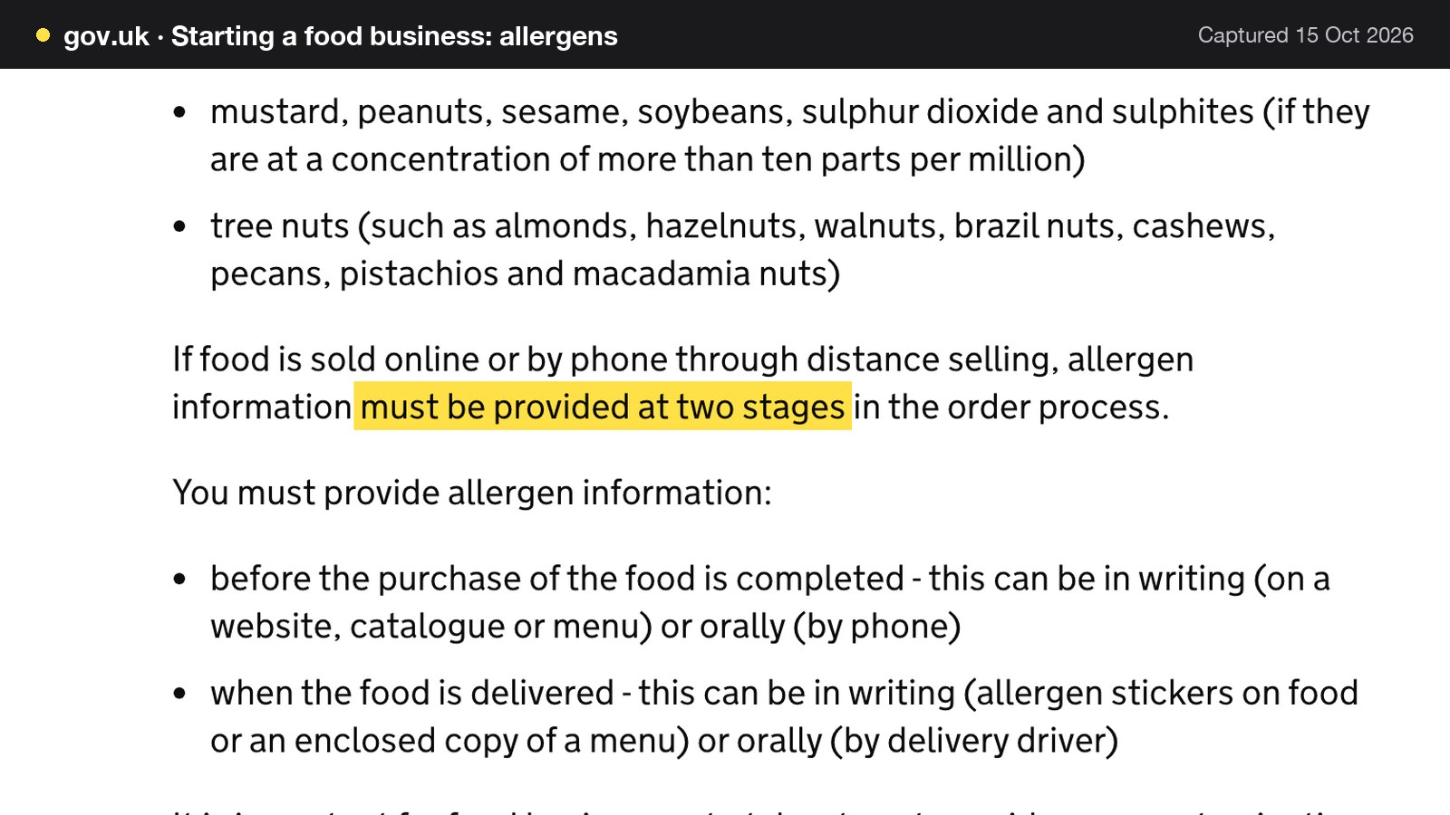 Screenshot of Starting a food business: allergens on gov.uk, with the words "must be provided at two stages" highlighted.