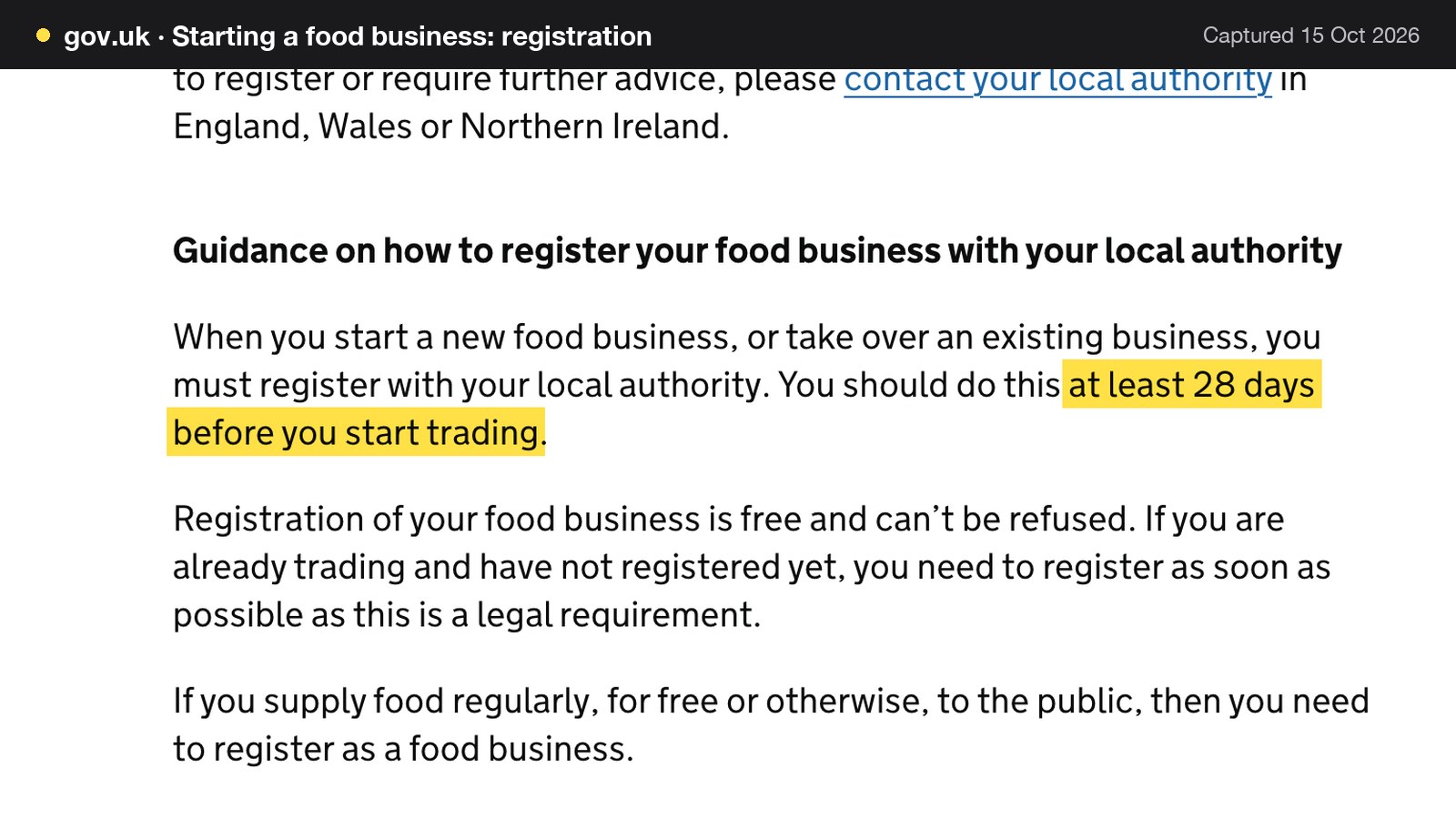 Screenshot of Starting a food business: registration on gov.uk, with the words "at least 28 days before you start trading" highlighted.
