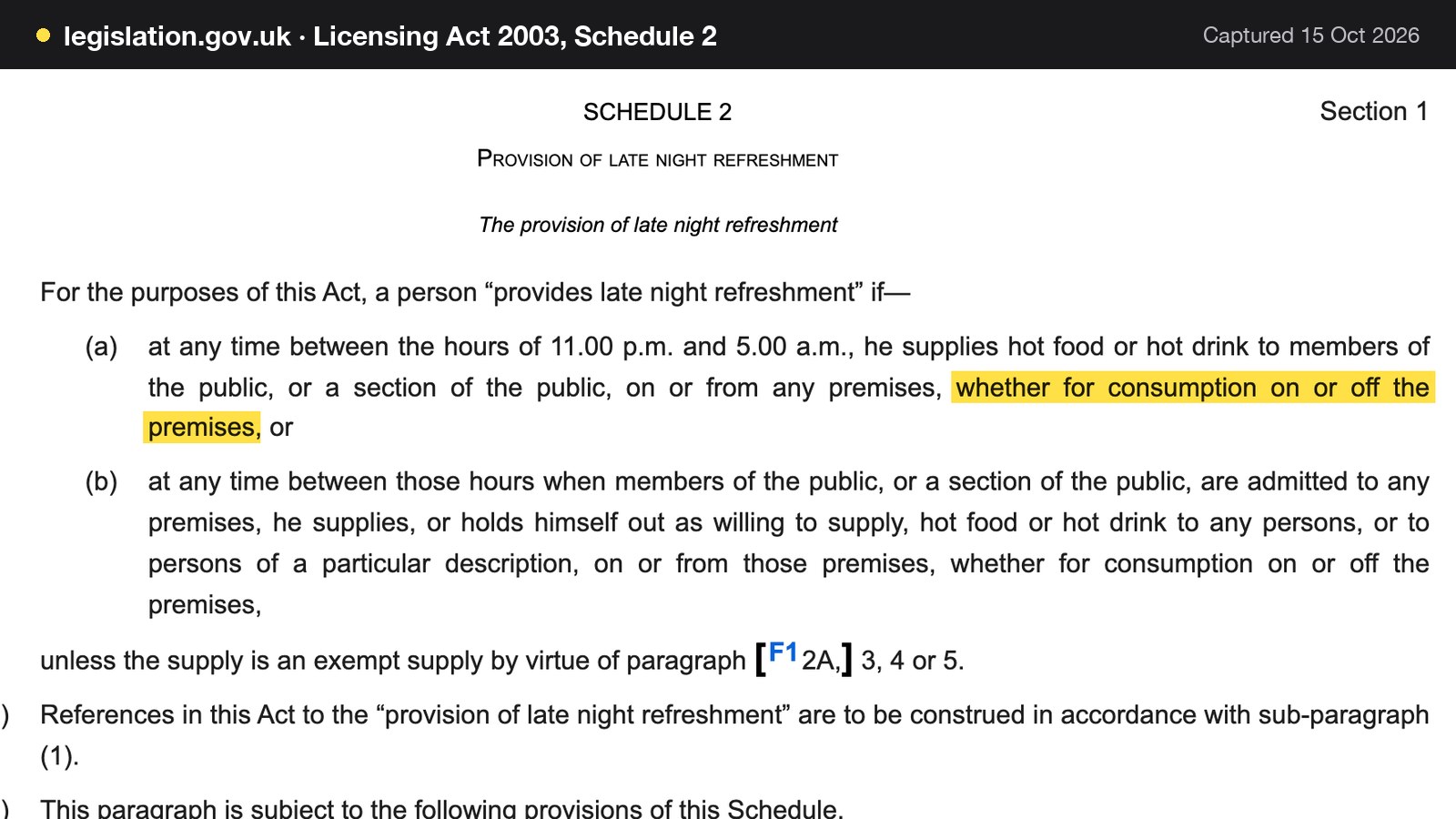 Screenshot of Licensing Act 2003, Schedule 2 on legislation.gov.uk, with the words "whether for consumption on or off the premises" highlighted.