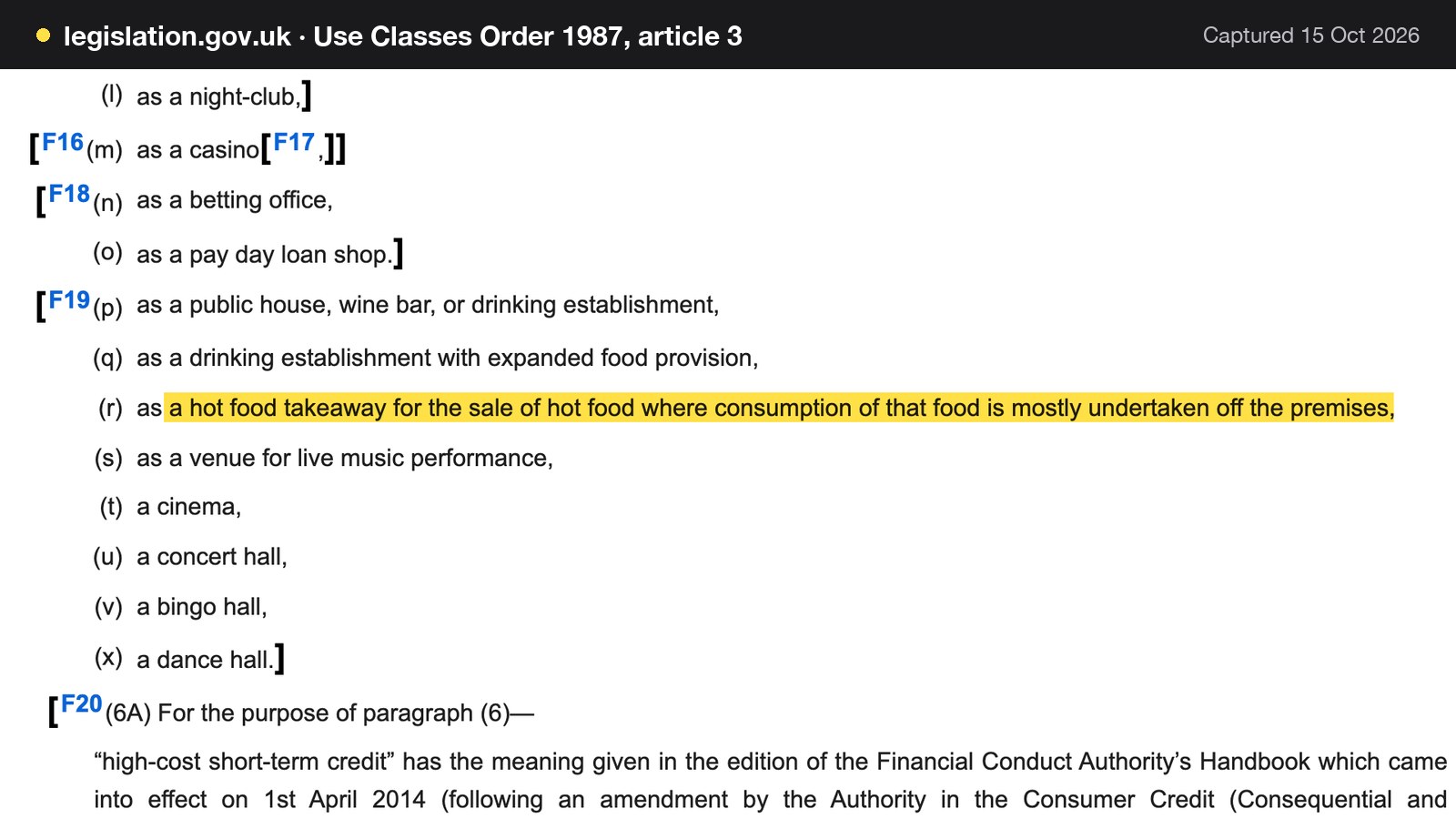 Screenshot of Use Classes Order 1987, article 3 on legislation.gov.uk, with the words "a hot food takeaway for the sale of hot food where consumption of that food is mostly undertaken off the premises" highlighted.
