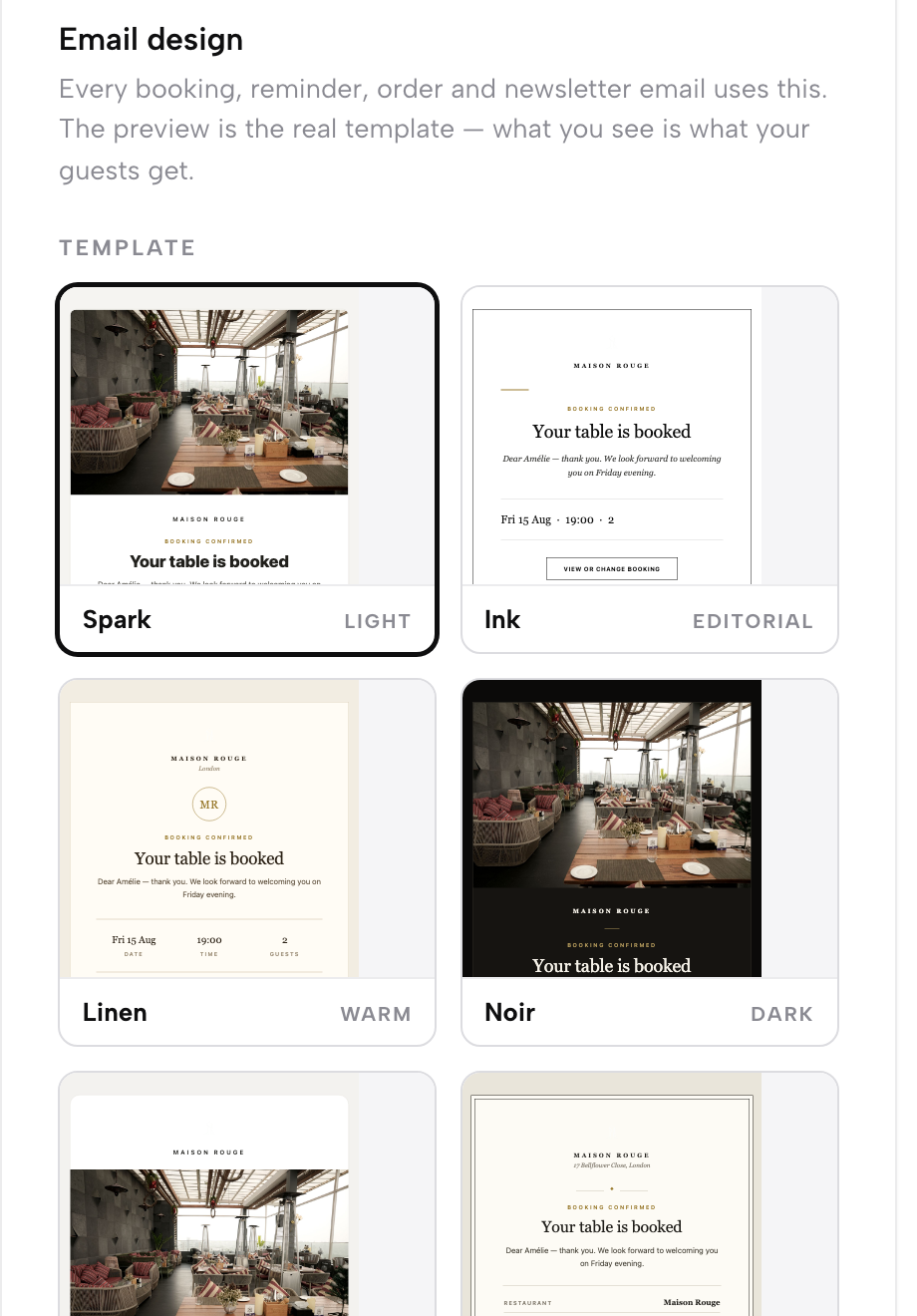 Email design: the template gallery with Spark, Ink, Linen, Noir, Bistro, Plate and more.