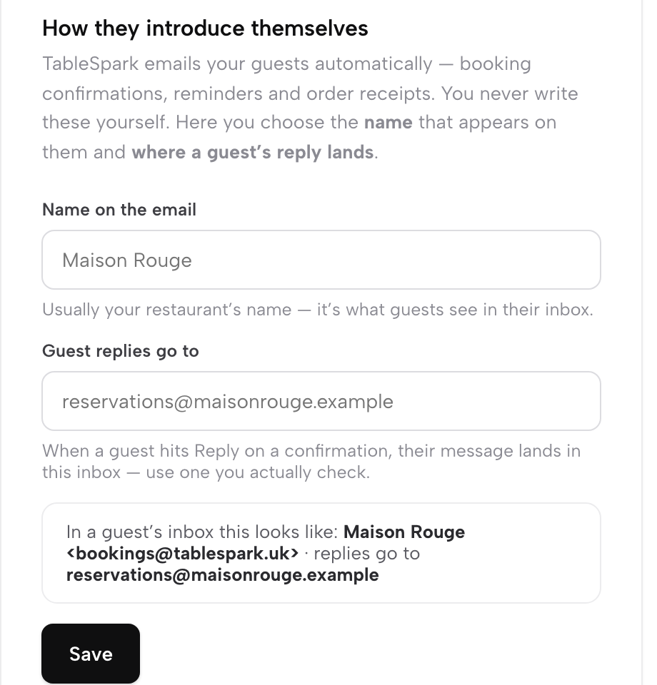 How they introduce themselves: Name on the email, Guest replies go to, and a line showing how the email reads in a guest's inbox.