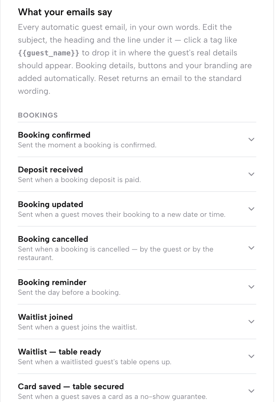 Settings → Email in TableSpark: What your emails say, with the Bookings emails listed, including Booking confirmed, Deposit received, Booking updated, Booking cancelled and Booking reminder.