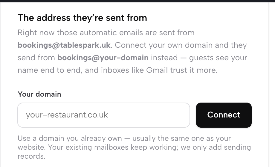 The address they're sent from: the current sending address, a Your domain field and a Connect button.