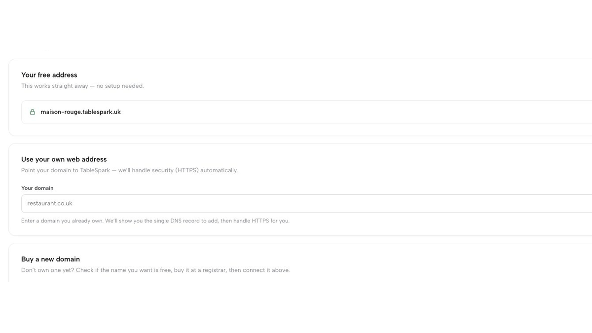 TableSpark domain settings showing the Maison Rouge subdomain and an owned-domain connection with managed HTTPS.