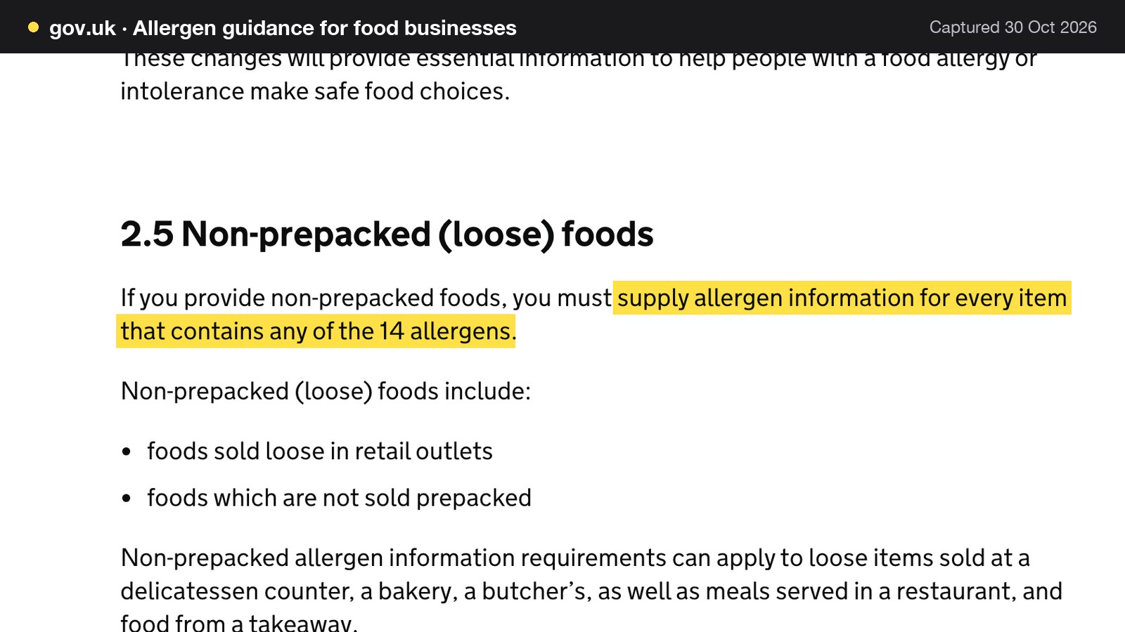 Screenshot of Allergen guidance for food businesses on gov.uk, with the words "supply allergen information for every item that contains any of the 14 allergens" highlighted.