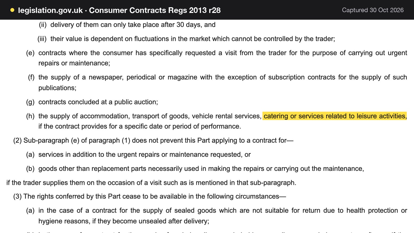 Screenshot of Consumer Contracts Regs 2013 r28 on legislation.gov.uk, with the words "catering or services related to leisure activities" highlighted.
