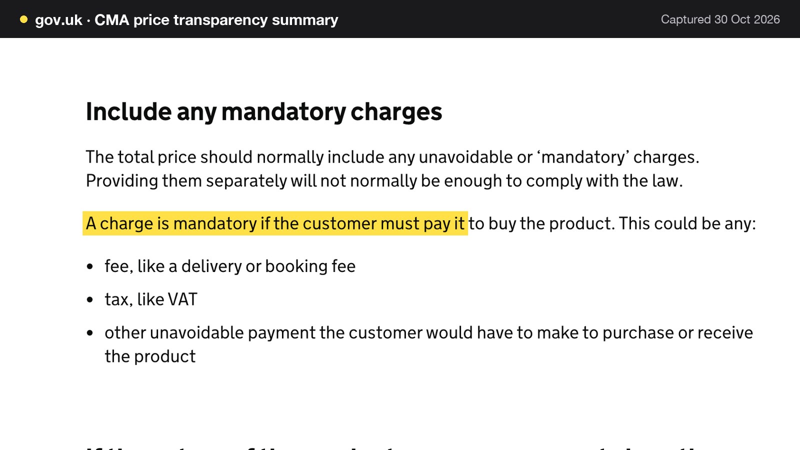 Screenshot of CMA price transparency summary on gov.uk, with the words "A charge is mandatory if the customer must pay it" highlighted.