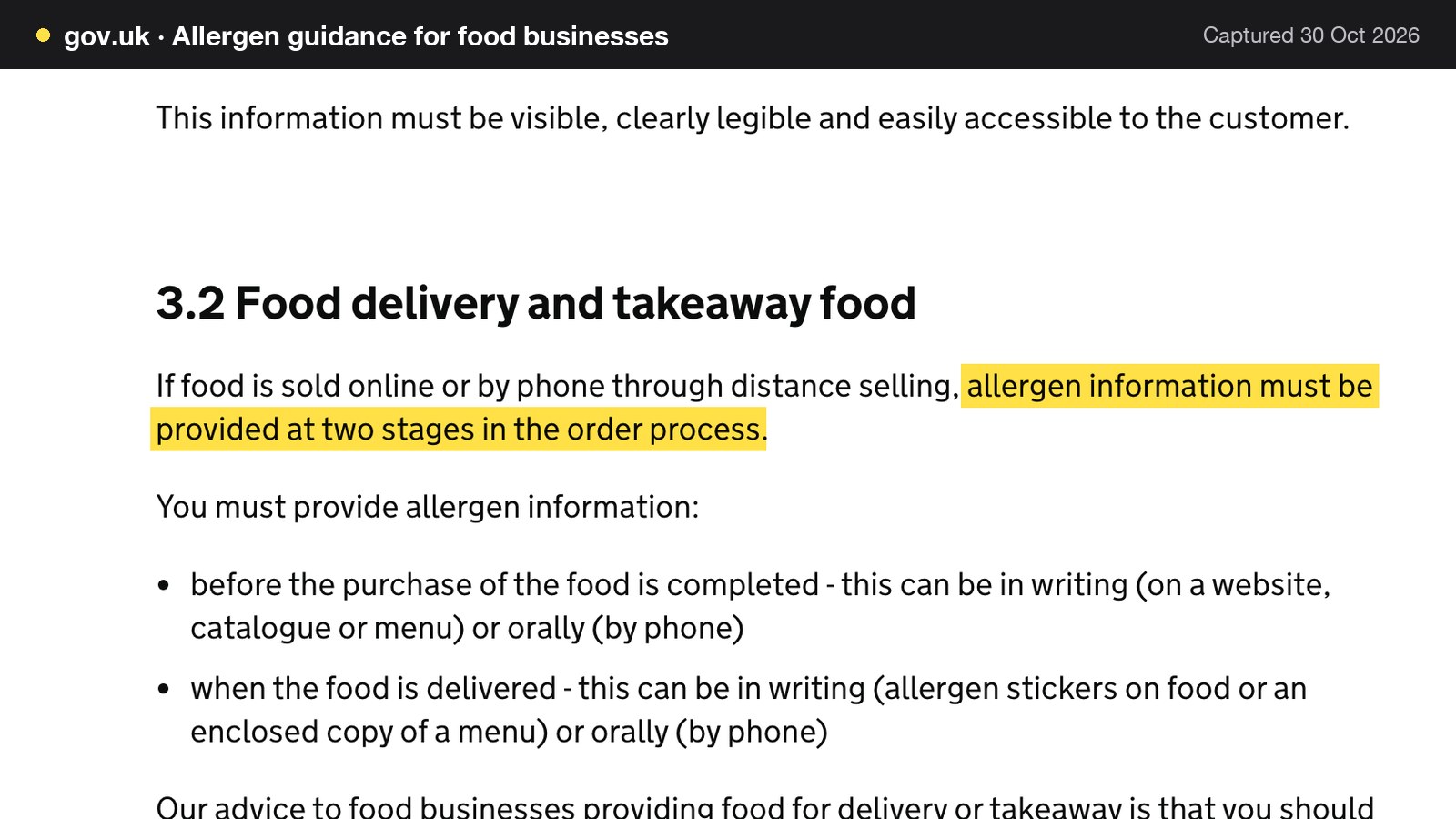 Screenshot of Allergen guidance for food businesses on gov.uk, with the words "allergen information must be provided at two stages in the order process" highlighted.