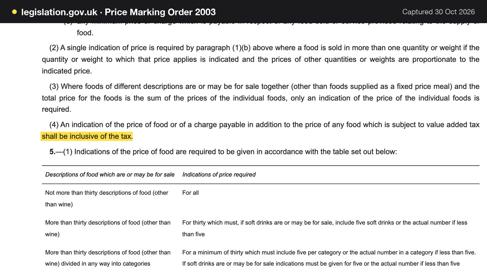 Screenshot of Price Marking Order 2003 on legislation.gov.uk, with the words "shall be inclusive of the tax" highlighted.
