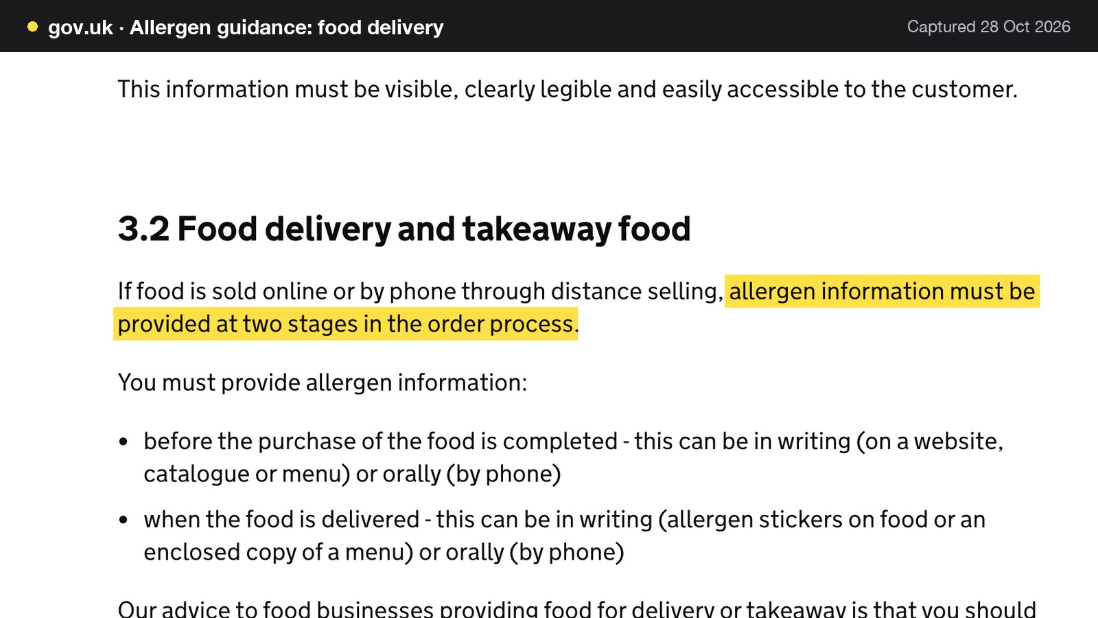 Screenshot of Allergen guidance: food delivery on gov.uk, with the words "allergen information must be provided at two stages in the order process" highlighted.