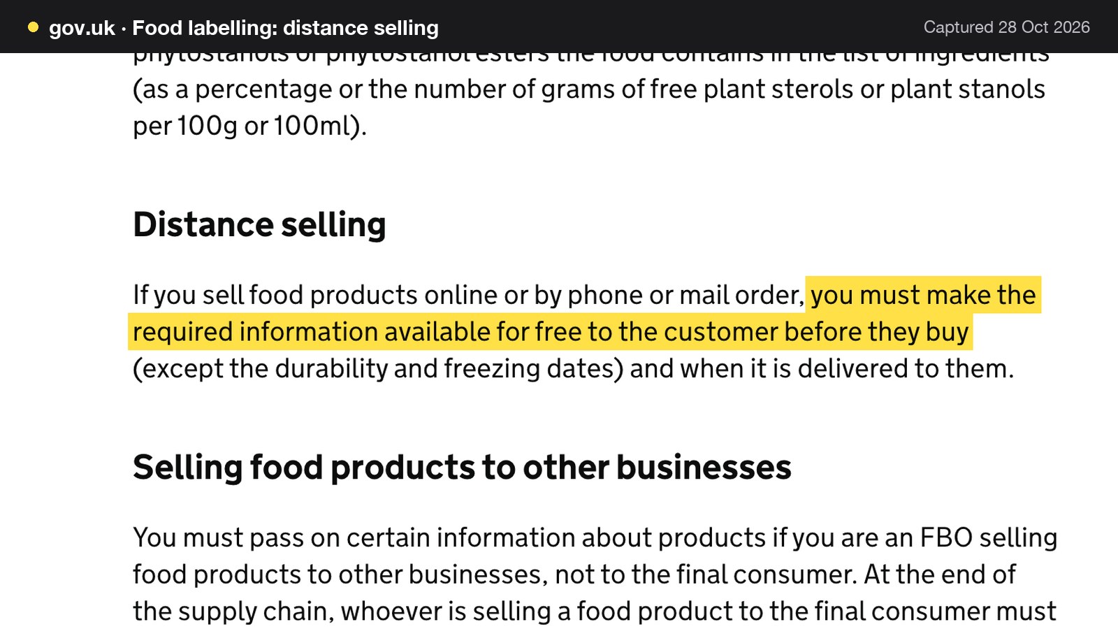 Screenshot of Food labelling: distance selling on gov.uk, with the words "you must make the required information available for free to the customer before they buy" highlighted.