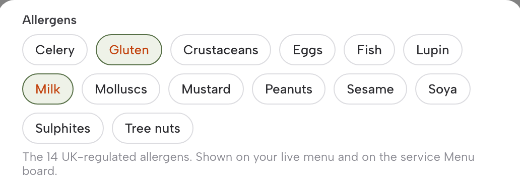 The dish editor's Allergens chips: the 14 UK-regulated allergens, with two switched on.