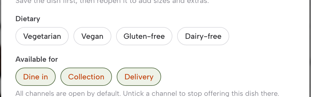 The dish editor's Dietary choices and Available for chips: Dine in, Collection and Delivery.