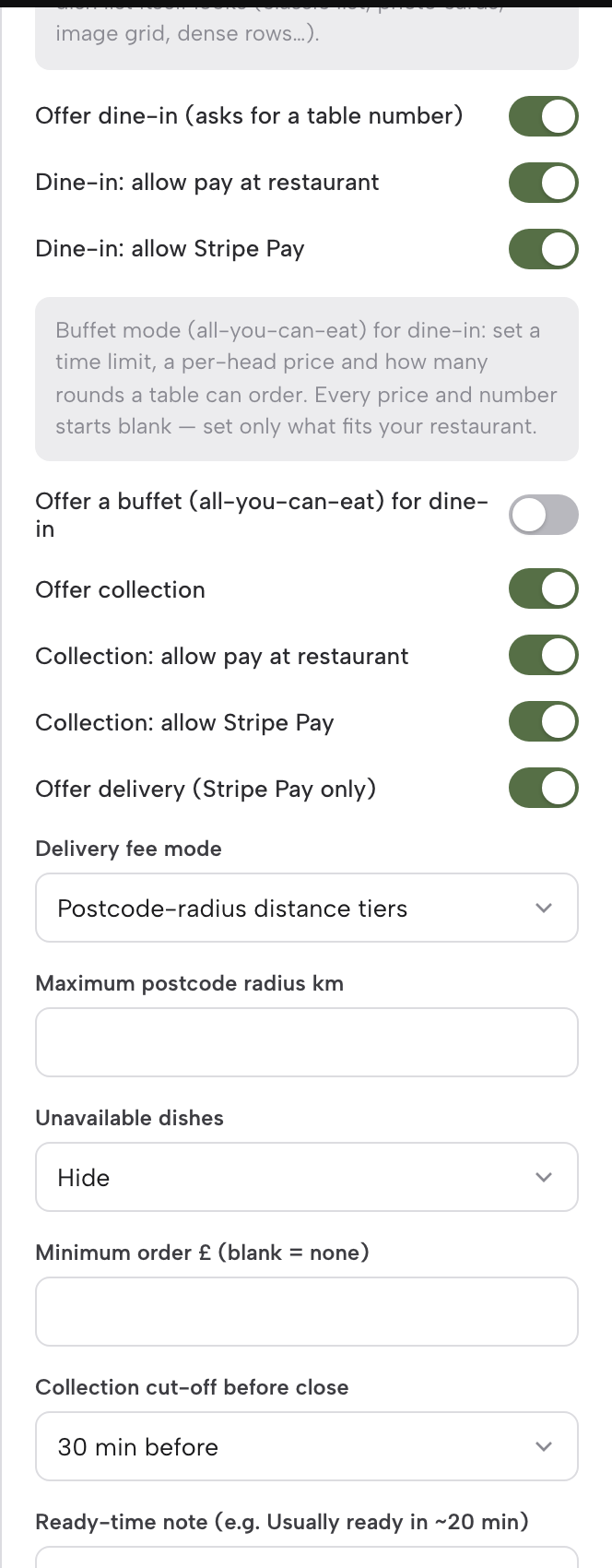 The Order from our menu block's settings in the Builder: dine-in, collection and Offer delivery (Stripe Pay only) switched on, Delivery fee mode set to postcode-radius distance tiers, and the maximum radius field.