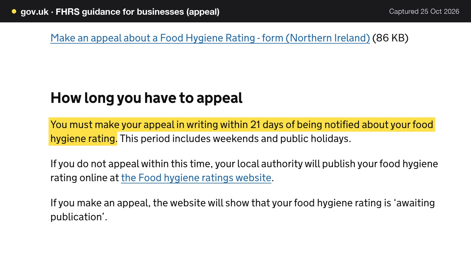 Screenshot of FHRS guidance for businesses (appeal) on gov.uk, with the words "You must make your appeal in writing within 21 days of being notified about your food hygiene rating" highlighted.