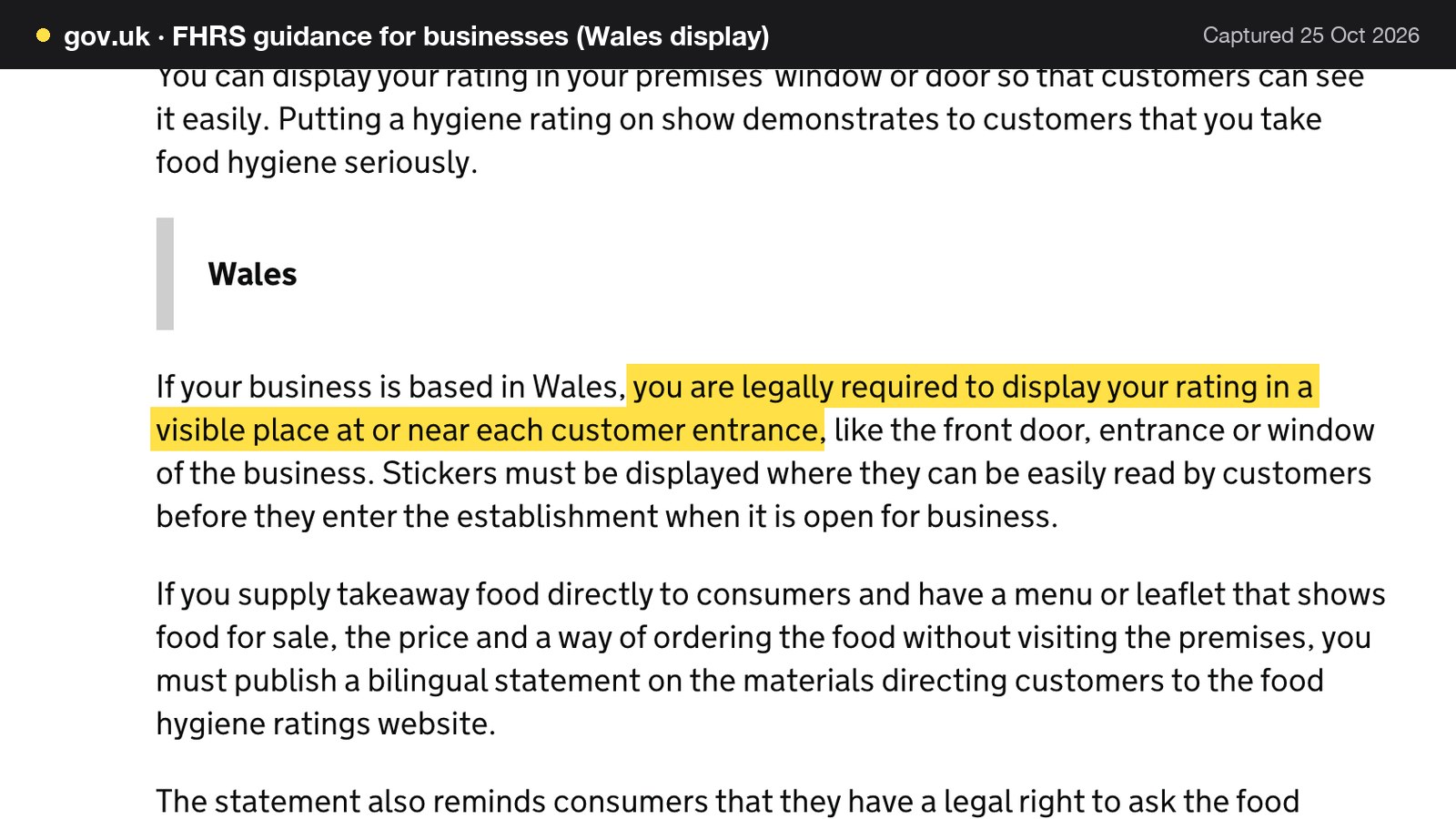 Screenshot of FHRS guidance for businesses (Wales display) on gov.uk, with the words "you are legally required to display your rating in a visible place at or near each customer entrance" highlighted.