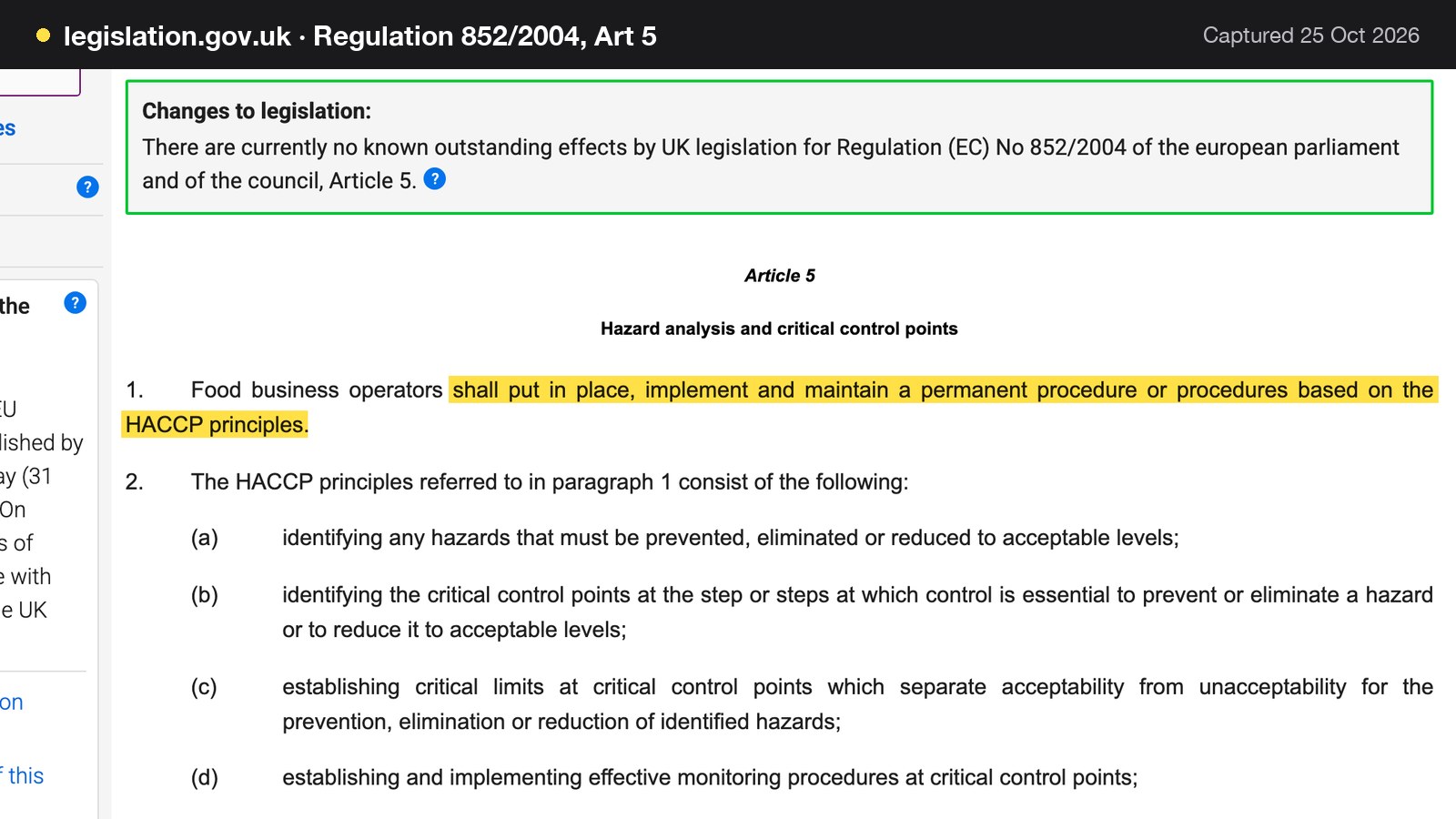 Screenshot of Regulation 852/2004, Art 5 on legislation.gov.uk, with the words "shall put in place, implement and maintain a permanent procedure or procedures based on the HACCP principles" highlighted.