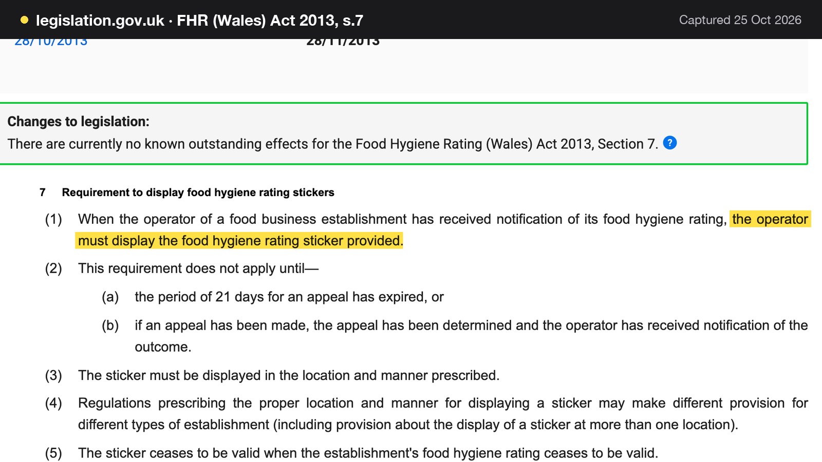 Screenshot of FHR (Wales) Act 2013, s.7 on legislation.gov.uk, with the words "the operator must display the food hygiene rating sticker provided" highlighted.