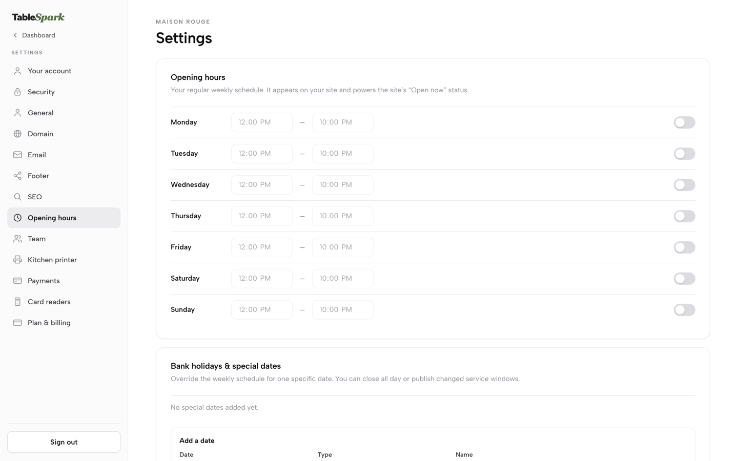Practice screen: The Opening hours weekly grid, every day off by default, Monday's toggle highlighted