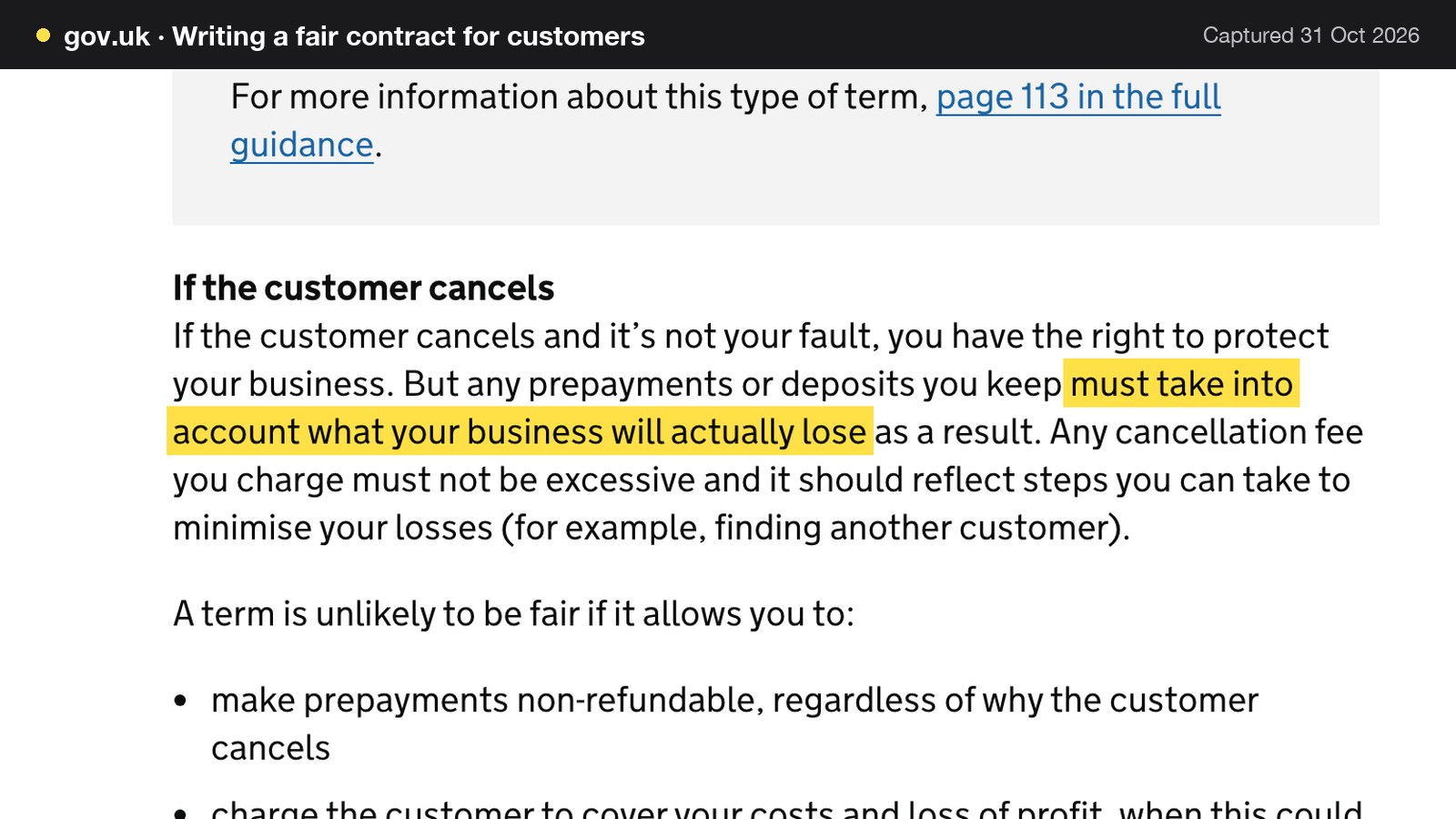 Screenshot of Writing a fair contract for customers on gov.uk, with the words "must take into account what your business will actually lose" highlighted.