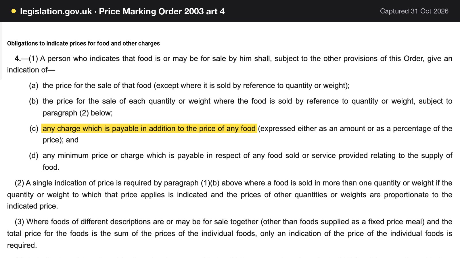 Screenshot of Price Marking Order 2003 art 4 on legislation.gov.uk, with the words "any charge which is payable in addition to the price of any food" highlighted.