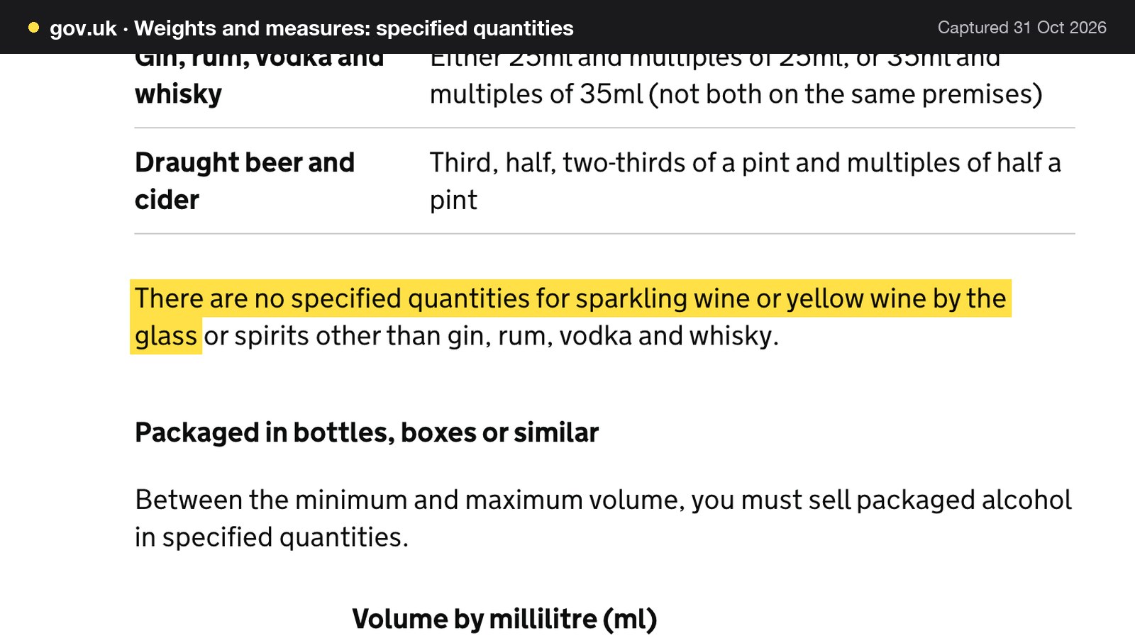 Screenshot of Weights and measures: specified quantities on gov.uk, with the words "There are no specified quantities for sparkling wine or yellow wine by the glass" highlighted.