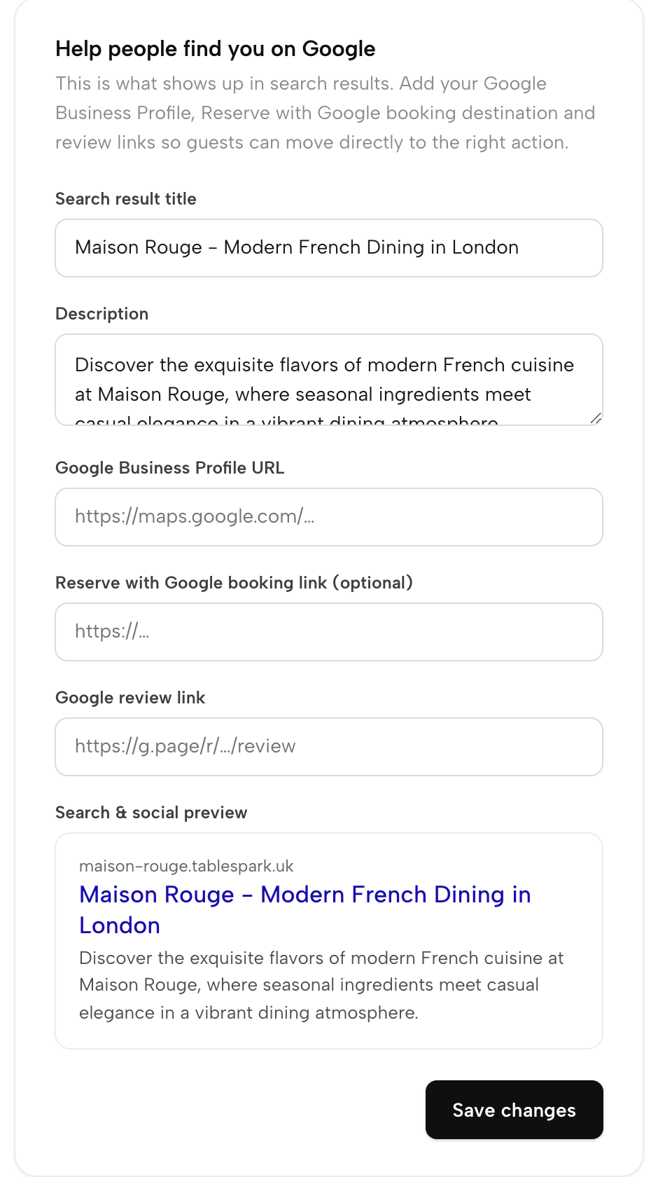 Settings, SEO: Help people find you on Google, with the search result title, description, Google Business Profile URL, Reserve with Google booking link, Google review link and the live Search & social preview.
