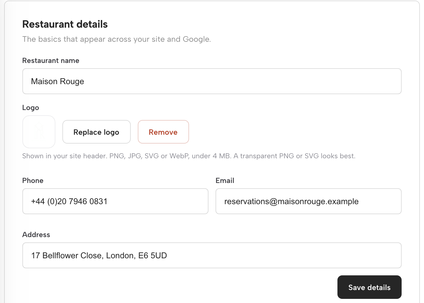 Restaurant details on the TableSpark dashboard: restaurant name, logo, phone, email and address, with Save details.
