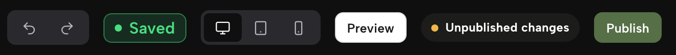 The Builder's top bar with Saved, the device switch, Preview, Unpublished changes and Publish.