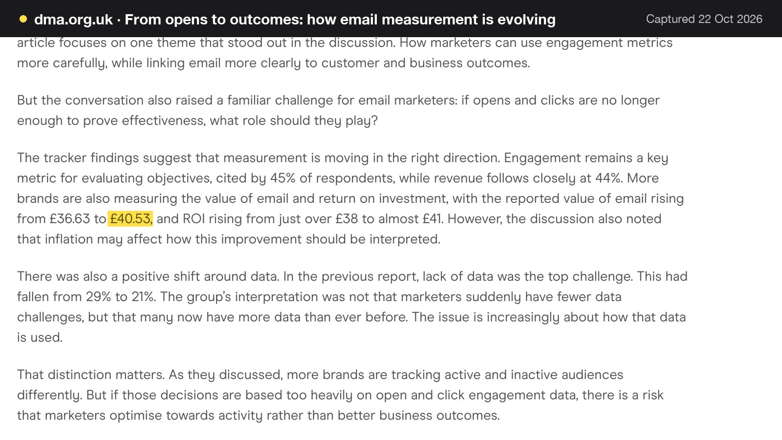 Screenshot of From opens to outcomes: how email measurement is evolving on dma.org.uk, with the words "£40.53" highlighted.