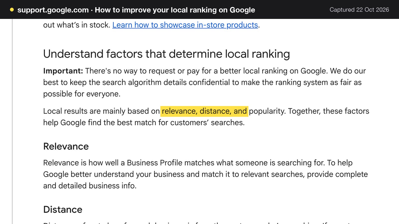 Screenshot of How to improve your local ranking on Google on support.google.com, with the words "relevance, distance, and" highlighted.