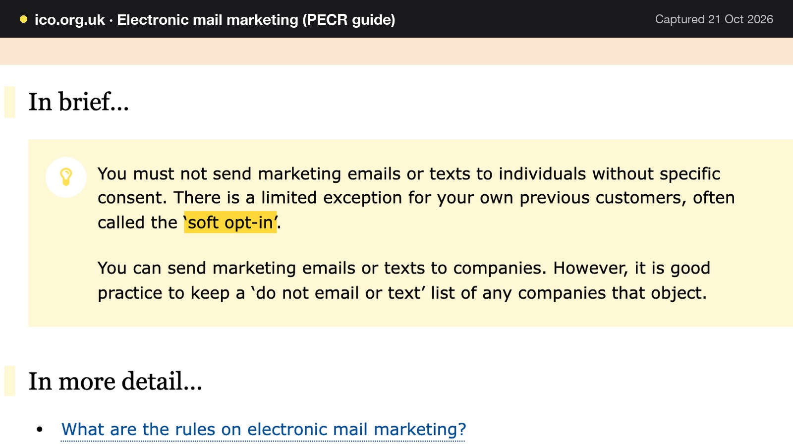 Screenshot of Electronic mail marketing (PECR guide) on ico.org.uk, with the words "soft opt-in" highlighted.