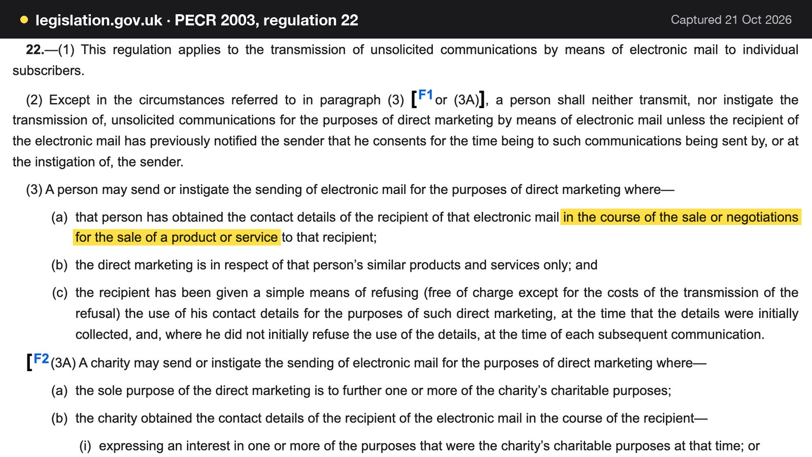 Screenshot of PECR 2003, regulation 22 on legislation.gov.uk, with the words "in the course of the sale or negotiations for the sale of a product or service" highlighted.
