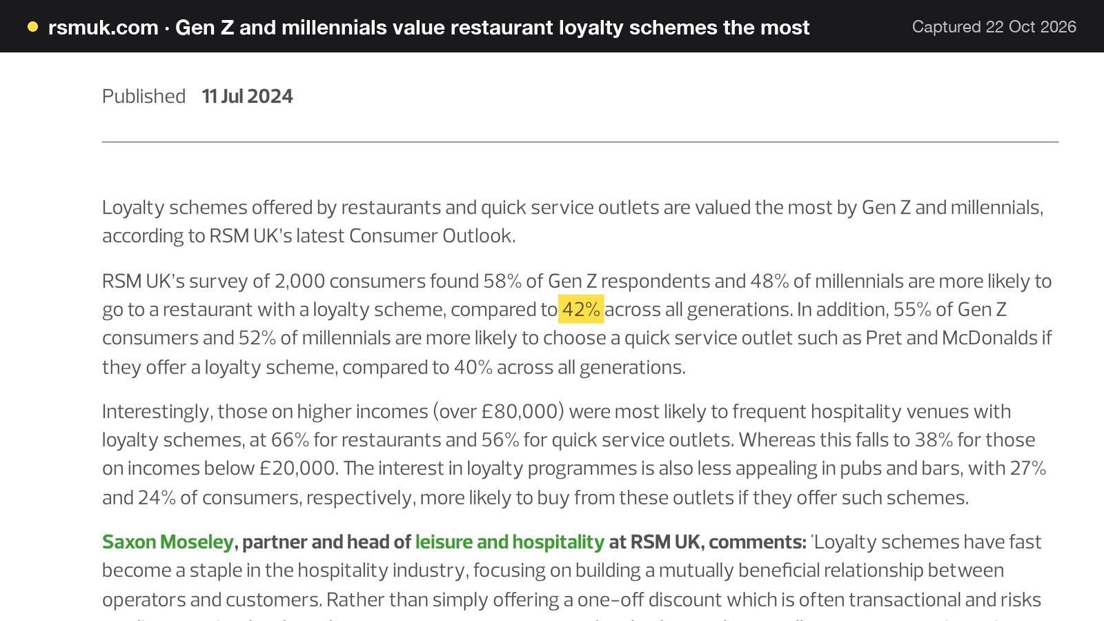 Screenshot of Gen Z and millennials value restaurant loyalty schemes the most on rsmuk.com, with the words "42%" highlighted.