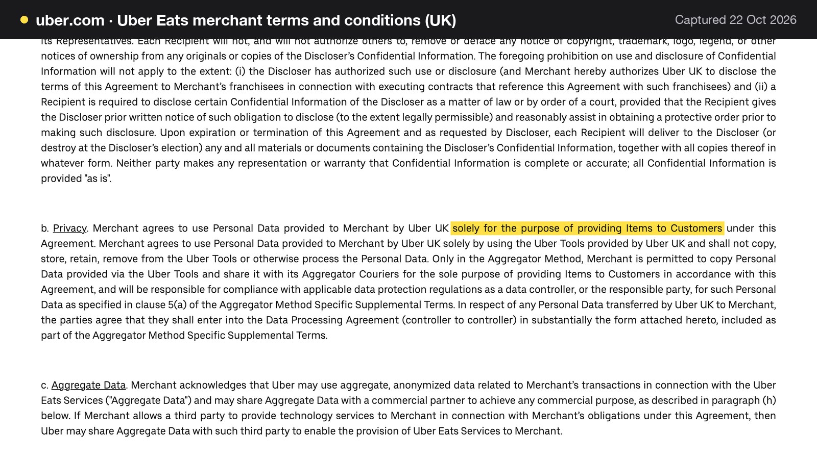 Screenshot of Uber Eats merchant terms and conditions (UK) on uber.com, with the words "solely for the purpose of providing Items to Customers" highlighted.