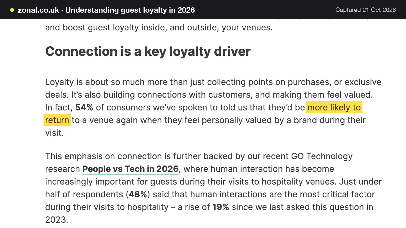 Screenshot of Understanding guest loyalty in 2026 on zonal.co.uk, with the words "more likely to return" highlighted.