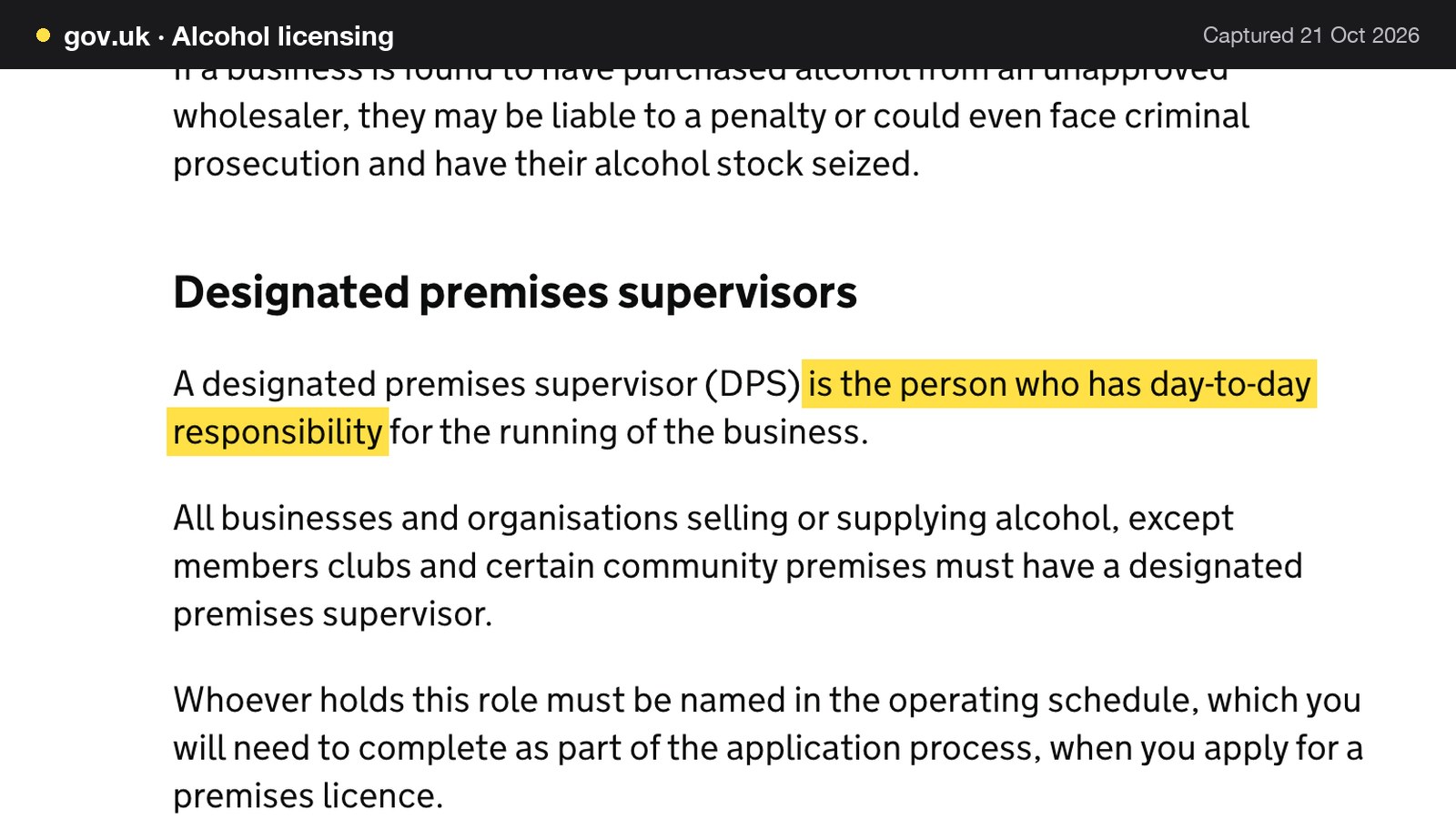 Screenshot of Alcohol licensing on gov.uk, with the words "is the person who has day-to-day responsibility" highlighted.