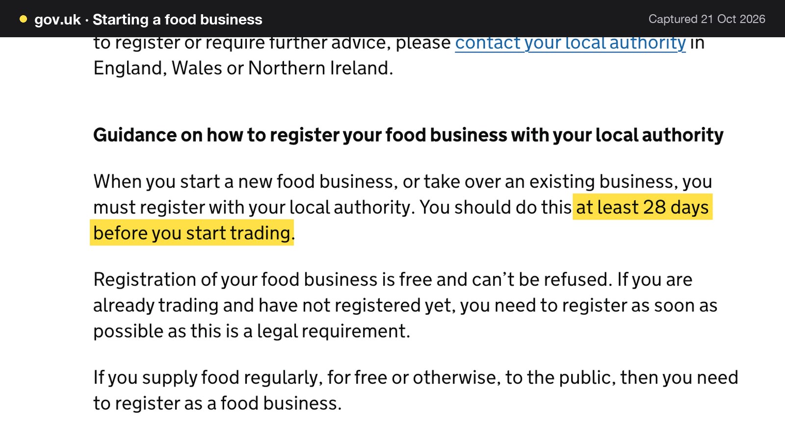 Screenshot of Starting a food business on gov.uk, with the words "at least 28 days before you start trading" highlighted.