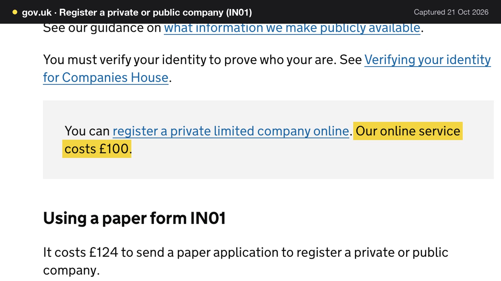 Screenshot of Register a private or public company (IN01) on gov.uk, with the words "Our online service costs £100" highlighted.