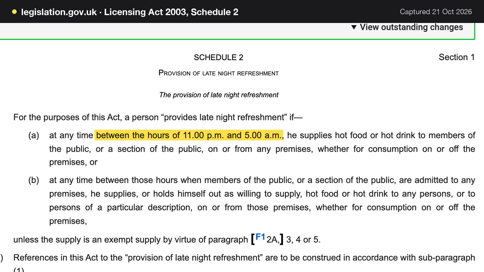 Screenshot of Licensing Act 2003, Schedule 2 on legislation.gov.uk, with the words "between the hours of 11.00 p.m. and 5.00 a.m." highlighted.