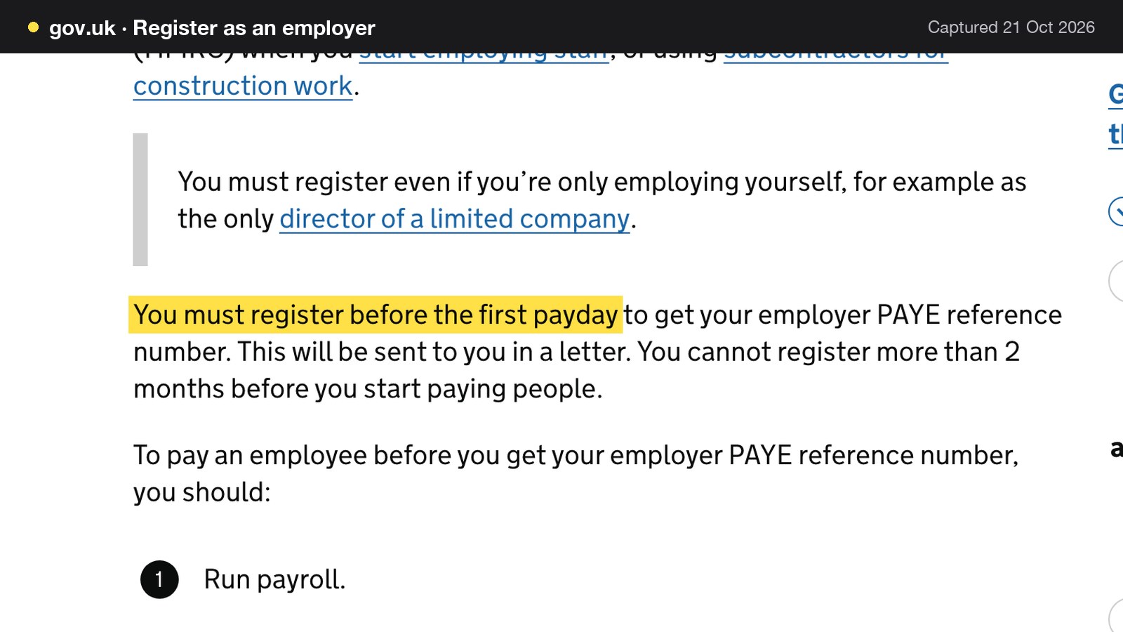 Screenshot of Register as an employer on gov.uk, with the words "You must register before the first payday" highlighted.