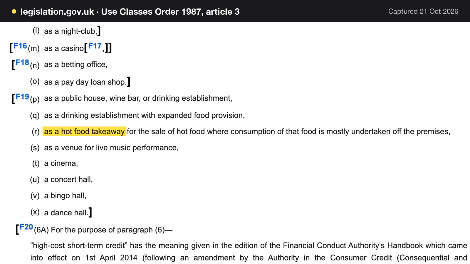 Screenshot of Use Classes Order 1987, article 3 on legislation.gov.uk, with the words "as a hot food takeaway" highlighted.