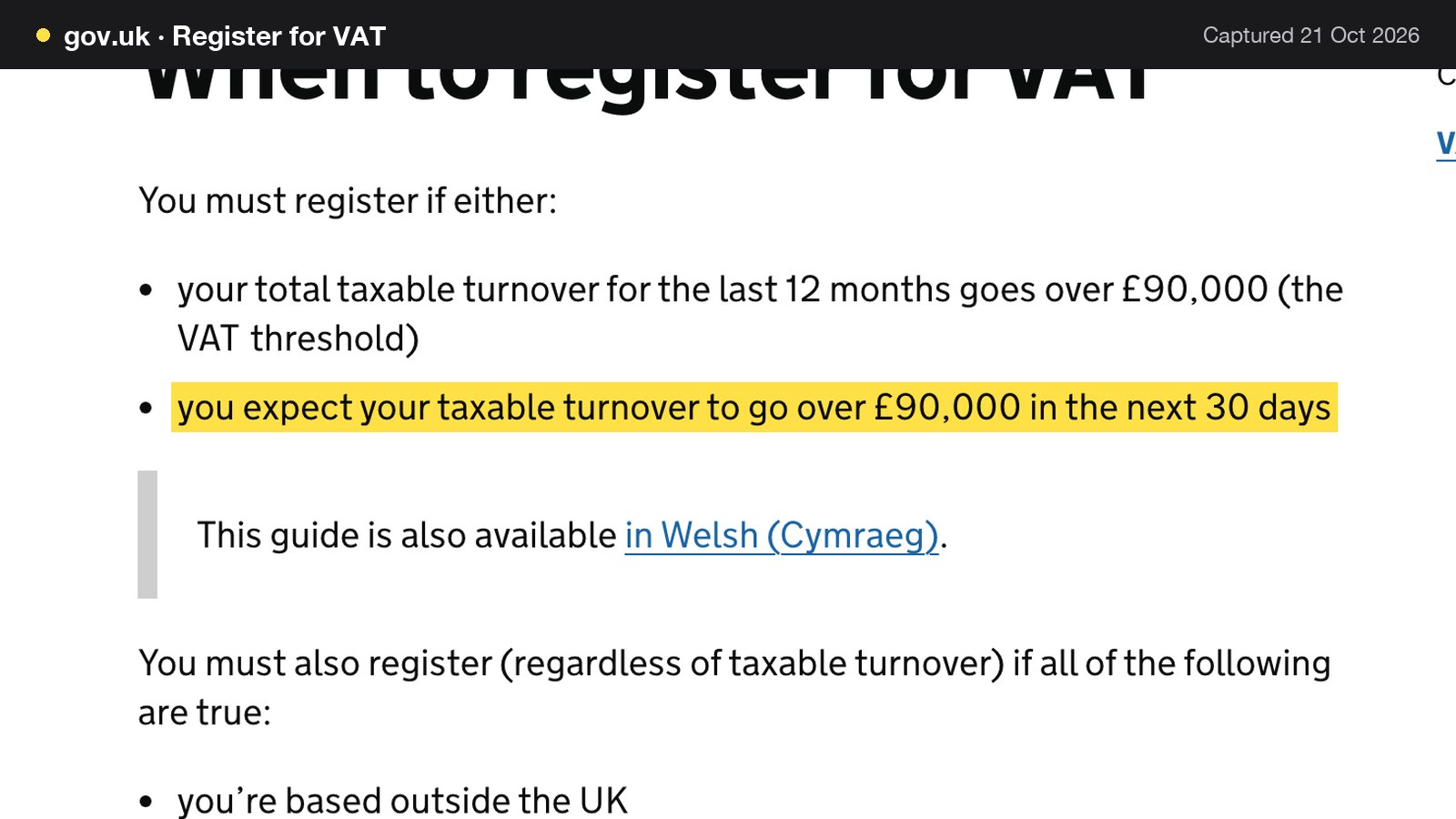 Screenshot of Register for VAT on gov.uk, with the words "you expect your taxable turnover to go over £90,000 in the next 30 days" highlighted.