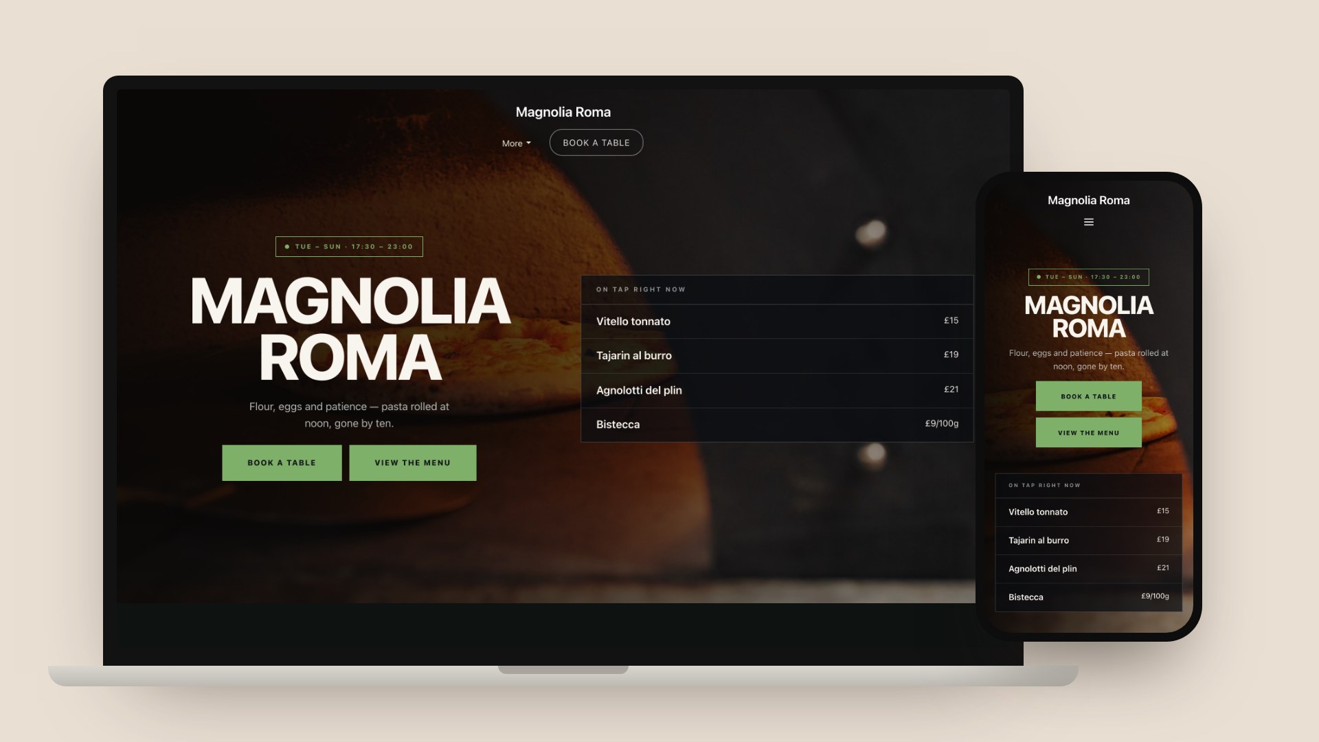 A laptop and a phone showing Magnolia Roma, a TableSpark Italian template dressed with wood-fired oven photography, with opening hours, a live menu panel of four dishes with prices, and Book a table and View the menu buttons.